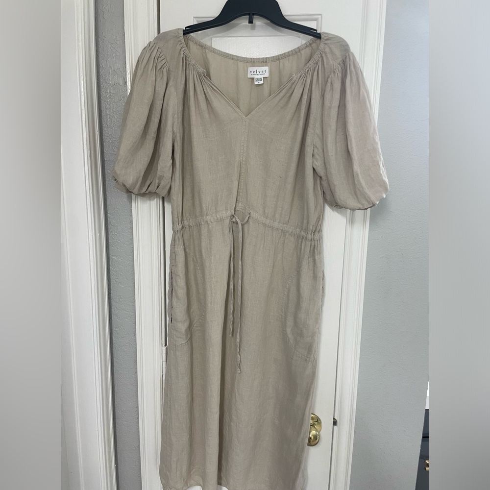Velvet pepper linen v-neck tie waist dress